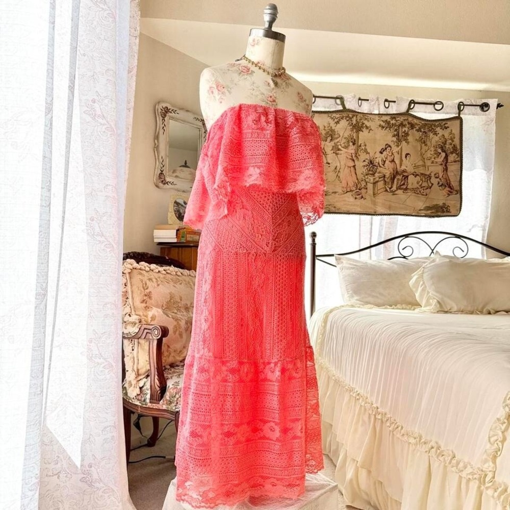 bb dakota pink lace‎ off the shoulder long dress womens 6